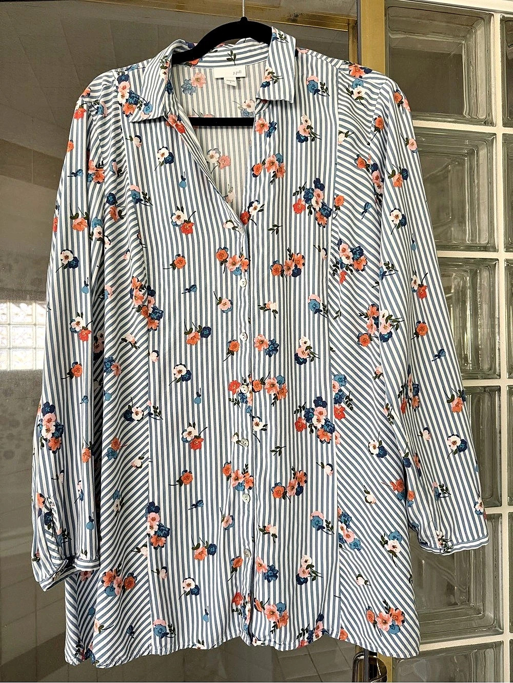 J. Jill Floral Striped Button Front Blouse in Blue & White Size Large